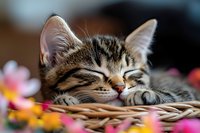Sleeping tabby kitten in wicker basket surrounded by colorful flowers, close-up portrait showing peaceful expression and relaxed whiskers against blurred background.