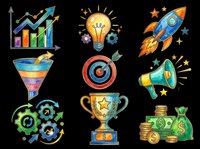 Set of nine colorful business and success icons isolated on transparent background, ready for t-shirt design, clipart, stickers, sublimation and print-on-demand projects.