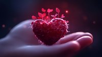 Glowing red heart with sprouting luminous leaves floating above open palm against dark background, magical romantic concept for Valentine's day and love stories.