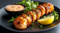 Grilled jumbo shrimp skewers served on black plate with spicy sauce, fresh herbs and lemon wedge garnish. Close up view of seafood appetizer on dark background.