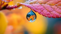 Autumn leaf reflection captured in crystal clear water drop with vibrant orange bokeh background, macro photography showing nature's delicate details and seasonal colors.