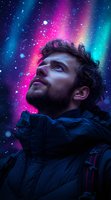 Young bearded man gazing upward against vibrant cosmic sky with aurora borealis colors, stars and nebula in pink, purple and turquoise hues. Dreamy night portrait.