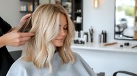 Young blonde woman getting hair styled at salon, smiling with eyes closed while hairdresser works on her medium length wavy platinum hair. Modern beauty service concept.