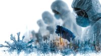 Medical researchers in protective equipment examining virus samples in laboratory setting, with molecular structure visualization in foreground.