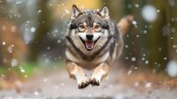 Happy wolf dog running through winter snow with tongue out and joyful expression during snowfall in forest setting for pet and wildlife content.