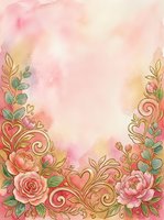 Watercolor floral border with roses, peonies, and ornamental hearts on soft pink and cream background. Romantic design for wedding invitations, greeting cards, and stationery projects.
