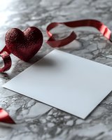 Red glittery heart decoration and silk ribbon near blank white card on marble background, romantic holiday celebration mockup for Valentine's Day greeting.