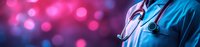 Medical professional in blue scrubs with stethoscope against vibrant pink and blue bokeh background, cropped panoramic view for healthcare concepts.