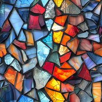 Colorful stained glass mosaic pattern with irregular geometric shapes in vibrant blue, red, orange and yellow tones creating abstract artistic background.