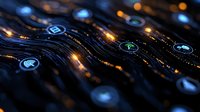 Glowing network connections with digital icons flow through curved lines against dark background, illuminated by orange and blue lights for technology concepts.