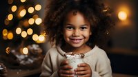 Young African American girl with curly hair holding hot chocolate with marshmallows, wearing beige sweater against warm bokeh lights background during holiday season.