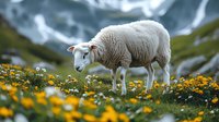 Young white sheep grazing in alpine meadow with yellow wildflowers. Majestic mountain peaks and misty clouds create dramatic natural backdrop in summer landscape.