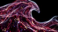 Glowing wave of magenta and gold particles flowing dynamically against black background, creating luminous motion effect for digital design and visual effects projects.