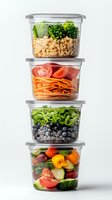Stacked meal prep containers with fresh vegetables, grains, and fruits isolated on white background for healthy eating and nutrition planning.
