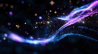 Abstract cosmic wave of glowing blue and purple particles against dark background with bokeh light effects. Suitable for technology or space concepts.