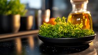Fresh green parsley leaves in black ceramic bowl with olive oil bottle in background, soft natural lighting creates warm atmosphere for cooking concept.