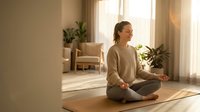 Young woman practicing meditation in lotus position on yoga mat in bright living room with natural sunlight streaming through windows.