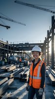Smiling female construction worker in safety gear at busy building site with cranes and steel framework during golden hour for industrial projects.