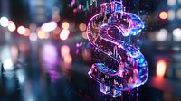 Glowing dollar symbol with neon blue and pink lights against blurred urban nightscape background, digital financial technology concept for banking and economy.