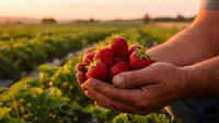 Fresh ripe strawberries cupped in farmer hands at sunset in agricultural field. Organic berry harvest concept for healthy eating and farm produce marketing.