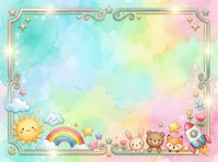 Pastel watercolor kids frame with cute animals, rainbow, sun, clouds, stars, and rocket, forming a cheerful border for certificates or invitations.