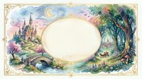 Watercolor fairy tale landscape with castle, bridge and magical tree featuring ornate oval frame for text or design elements on enchanted background.