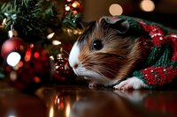Adorable guinea pig wearing festive Christmas sweater sitting near decorated tree with glowing lights and red ornaments creating cozy holiday atmosphere.