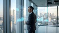 Professional businessman analyzing holographic financial data charts in modern office overlooking city skyline. Corporate executive studying market trends and analytics.