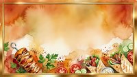 Watercolor food banner with shawarma, fresh vegetables, and golden frame on warm orange background, perfect for restaurant menus and cafe promotions.