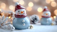 Cute snowman figurines with knit hats and scarves surrounded by warm bokeh lights and winter decorations creating festive holiday atmosphere for seasonal celebrations.