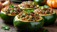 Stuffed round zucchini with ground meat, herbs and cheese filling on rustic wooden table. Fresh parsley garnish adds vibrant color to savory baked appetizer.