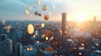 Bitcoin coins floating against urban cityscape at sunset with bokeh effect and lens flare, cryptocurrency concept for financial technology and digital payment systems.