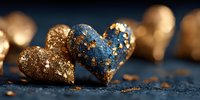 Luxurious gold and blue heart-shaped decorations with glitter texture on dark background, creating elegant romantic atmosphere for celebrations.