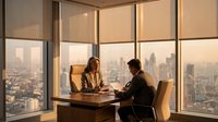 Two professionals engaged in discussion at wooden desk in high-rise office with expansive city skyline view through floor-to-ceiling windows, suitable for corporate, business, and workplace concepts.