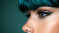 Close up portrait of young woman with turquoise blue hair and professional makeup featuring dramatic winged eyeliner and glowing skin against dark background.