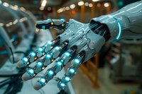 Robotic hand with glowing blue elements and metallic surface in futuristic style against blurred background. Advanced technology concept for AI and automation.