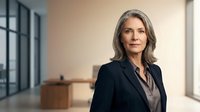 Mature woman with gray hair wearing black blazer in modern office environment with natural lighting and contemporary interior design.
