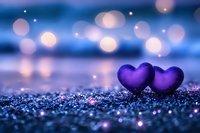 Two purple glittery hearts on sparkling surface with dreamy bokeh lights background for romantic Valentine's Day greeting cards and love concepts.