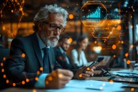Senior Caucasian businessman using smartphone with futuristic holographic data visualization interface in modern office environment at night.