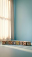 Wooden alphabet blocks spelling PRACTICE arranged in row on windowsill with natural sunlight and soft shadows creating peaceful learning atmosphere.
