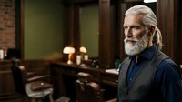 Senior man with white hair and beard, wearing dark blue shirt and gray vest, standing in upscale barbershop interior with warm lighting and vintage decor. Suitable for grooming, lifestyle, and professional business concepts.