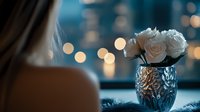 White roses in crystal vase against blurred evening cityscape with bokeh lights, creating romantic atmosphere with soft blue tones and feminine silhouette.