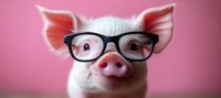Adorable pink piglet wearing black-rimmed glasses looking directly at camera with curious expression against soft pink background, close-up portrait.