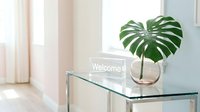Bright modern entryway with a welcome sign and monstera leaf in a glass vase on a sleek console table, soft natural light.