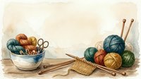 Young woman with reddish-brown hair, Caucasian ethnicity, engaged in knitting hobby. Colorful yarn balls in ceramic bowl, knitting needles, scissors, and woven basket arranged on neutral background for craft and hobby projects.