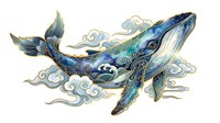 Whale with flowing clouds and decorative swirls in blue and gold tones, isolated on white background for design, print, and merchandise applications.