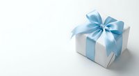 White gift box with elegant blue satin ribbon bow on clean background for celebrations, holidays, birthdays, and special occasions.