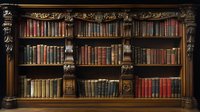 Antique wooden bookshelf with ornate carved details displaying collection of vintage leather-bound books in library setting. Dark atmospheric interior with classic literature.