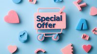 Pink shopping cart with special offer text surrounded by scattered pink and blue hearts and letters on pastel blue background, minimal retail concept for sales promotion.