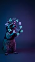 Raccoon with cybersecurity icons and wifi symbols on purple blue gradient background representing internet security and data protection concepts.